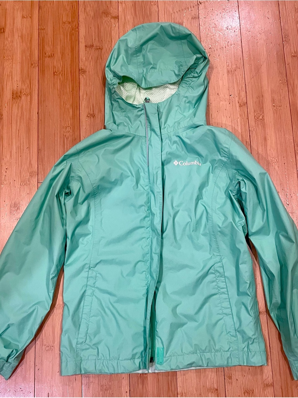 Columbia Mint Green Hooded Rain Jacket Girls Size M 10 12
